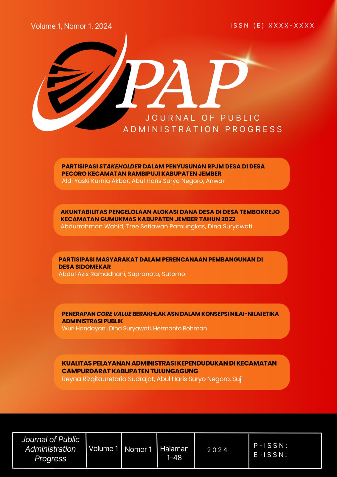 					View Vol. 1 No. 1 (2024): November : Journal of Public Administration Progress (JPAP) 
				